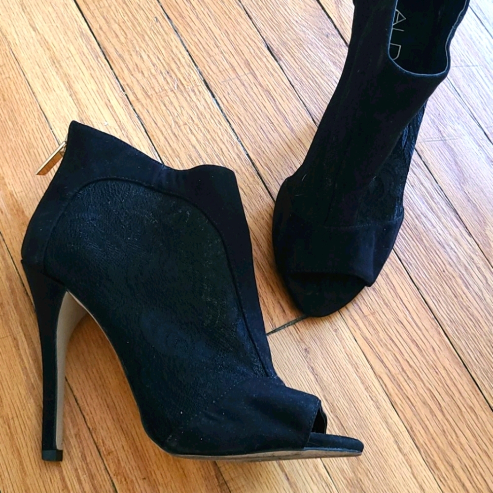 Black lace open toe booties